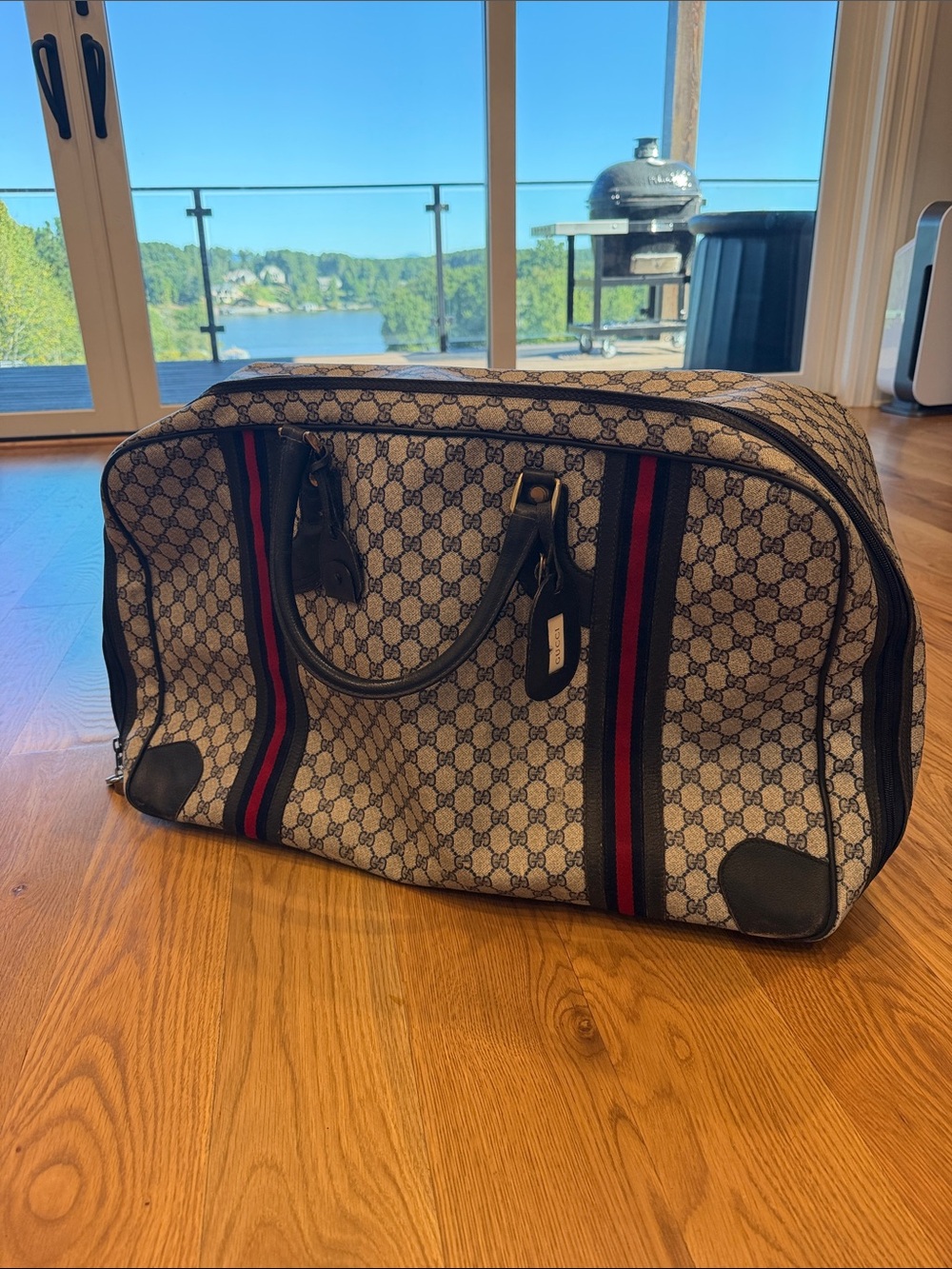 Gucci Beige GG Supreme Duffle with Navy and Red Web Stripes